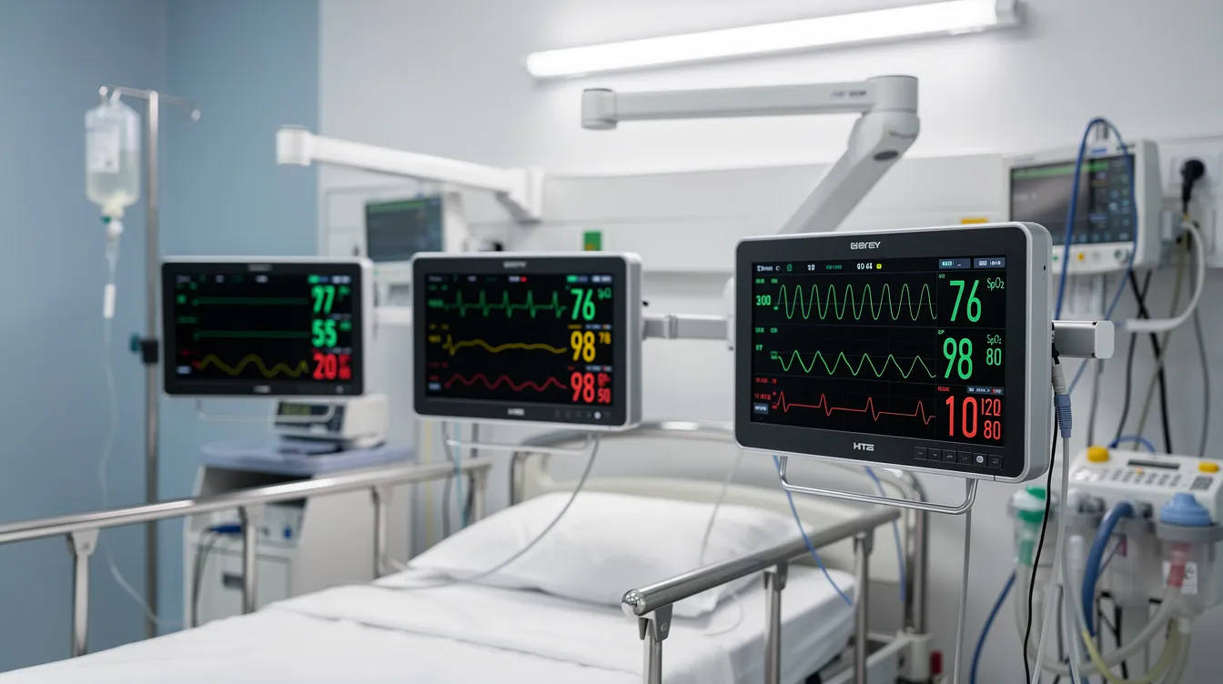The image shows medical monitoring equipment in a hospital, with screens displaying vital signs such as heart rate and blood pressure, highlighting the importance of accurate patient monitoring to prevent medical errors and enhance patient safety. This technology is crucial for healthcare professionals in managing hospitalized patients and reducing the risk of adverse outcomes.