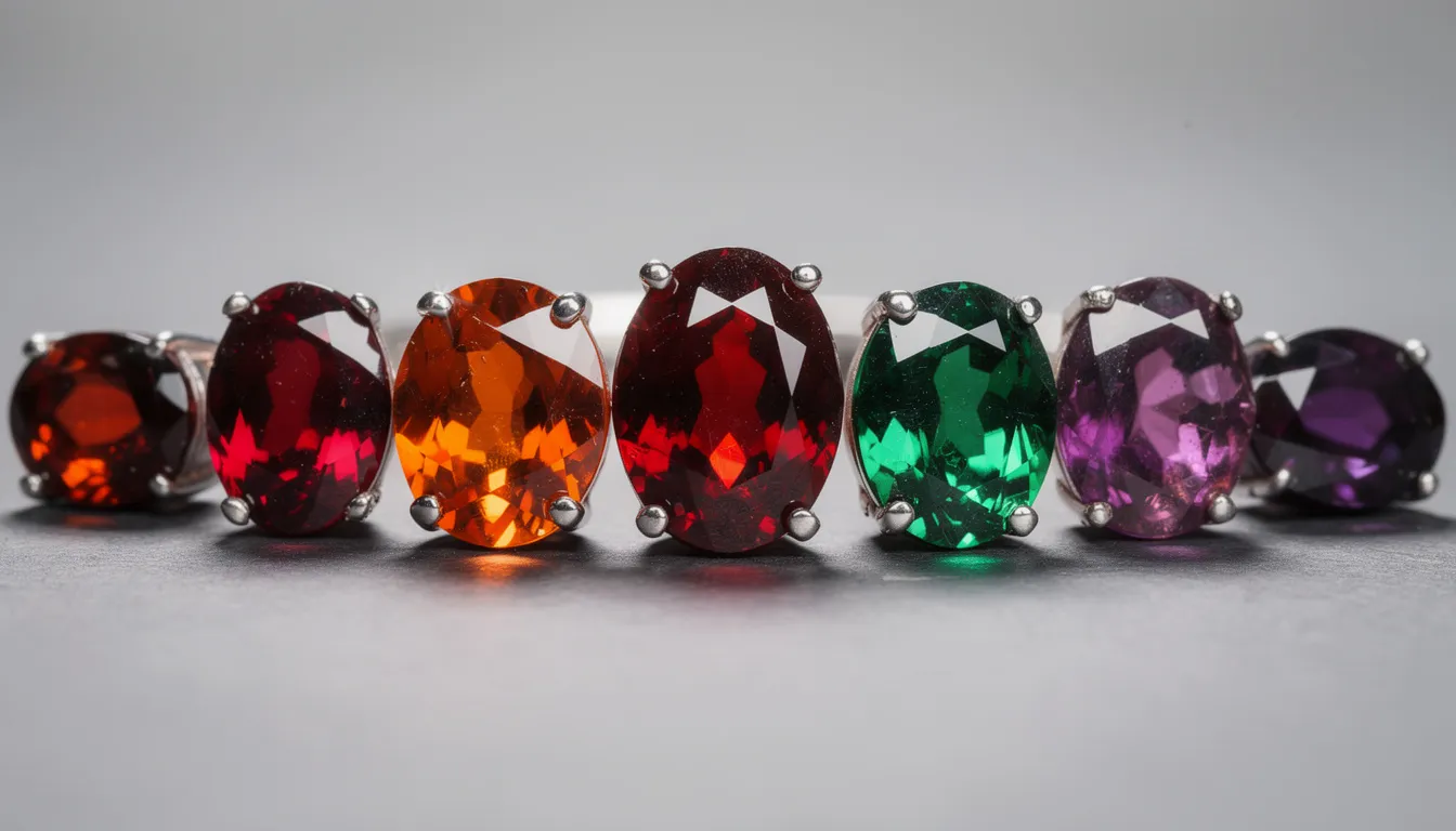 A vibrant display of multiple faceted garnet crystals showcases a variety of colors including deep red, bright orange, rich green, and striking purple. These gemstone quality transparent specimens highlight the diverse garnet species, each exhibiting unique optical properties and crystal structures.