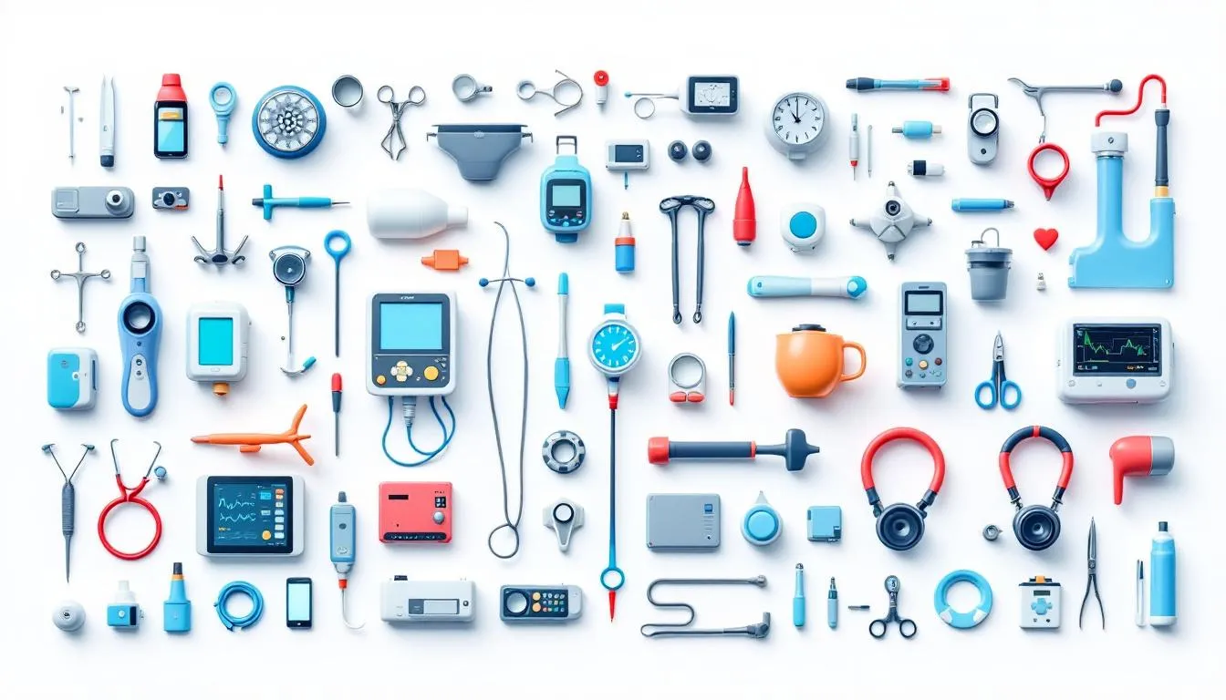 Different types of medical devices and surgical equipment on display.