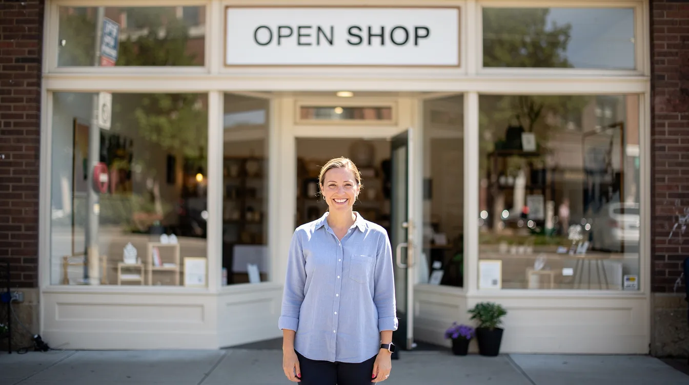 07a5753a eeea 4cf8 a14e 167514c8f34e A small business owner stands proudly outside their newly opened shop, which features a simple signboard. This image symbolizes the journey of entrepreneurs who have successfully availed financial assistance through the Mudra scheme, showcasing the potential for growth and success in micro enterprises.