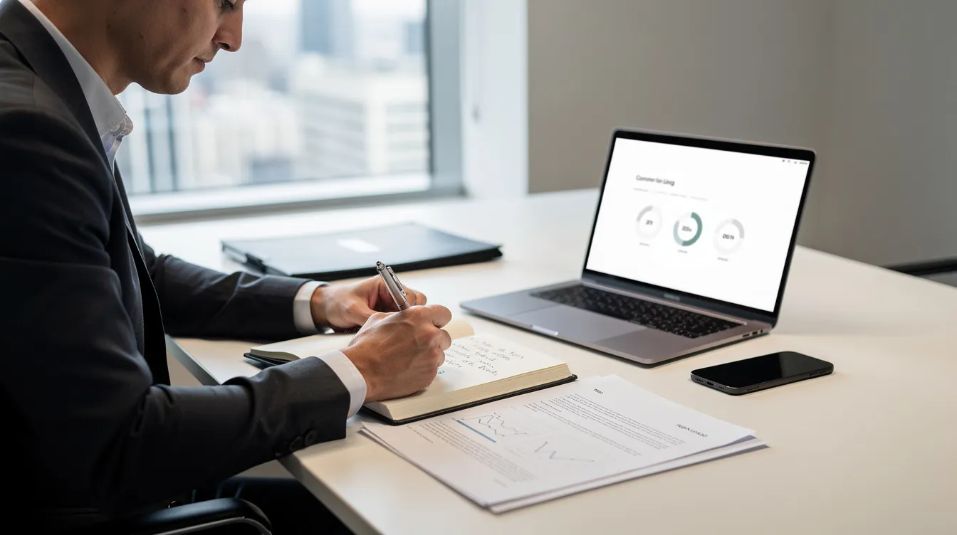 Un professionnel en affaires est assis à un bureau, préparant des notes pour un rendez-vous important. Sur la table, on trouve un ordinateur portable et divers documents, illustrant l'étape cruciale de la construction d'un argumentaire de vente efficace.