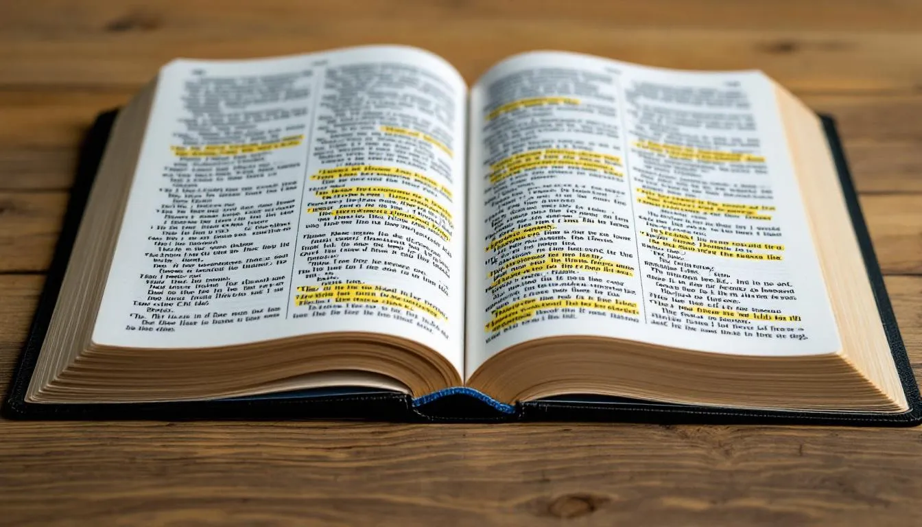 An open Bible with highlighted verses showcasing the concept of bible prooftexting.