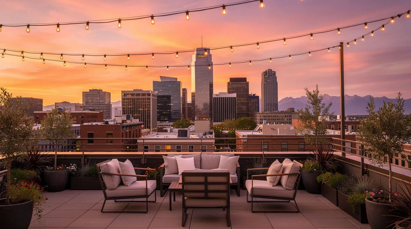 A cozy rooftop patio adorned with string lights and tiki torches overlooks the stunning Denver skyline at sunset, creating the perfect backdrop for a lively rooftop party. Guests are gathered, enjoying drinks and engaging in interactive games, while the warm glow of fairy lights enhances the inviting atmosphere.