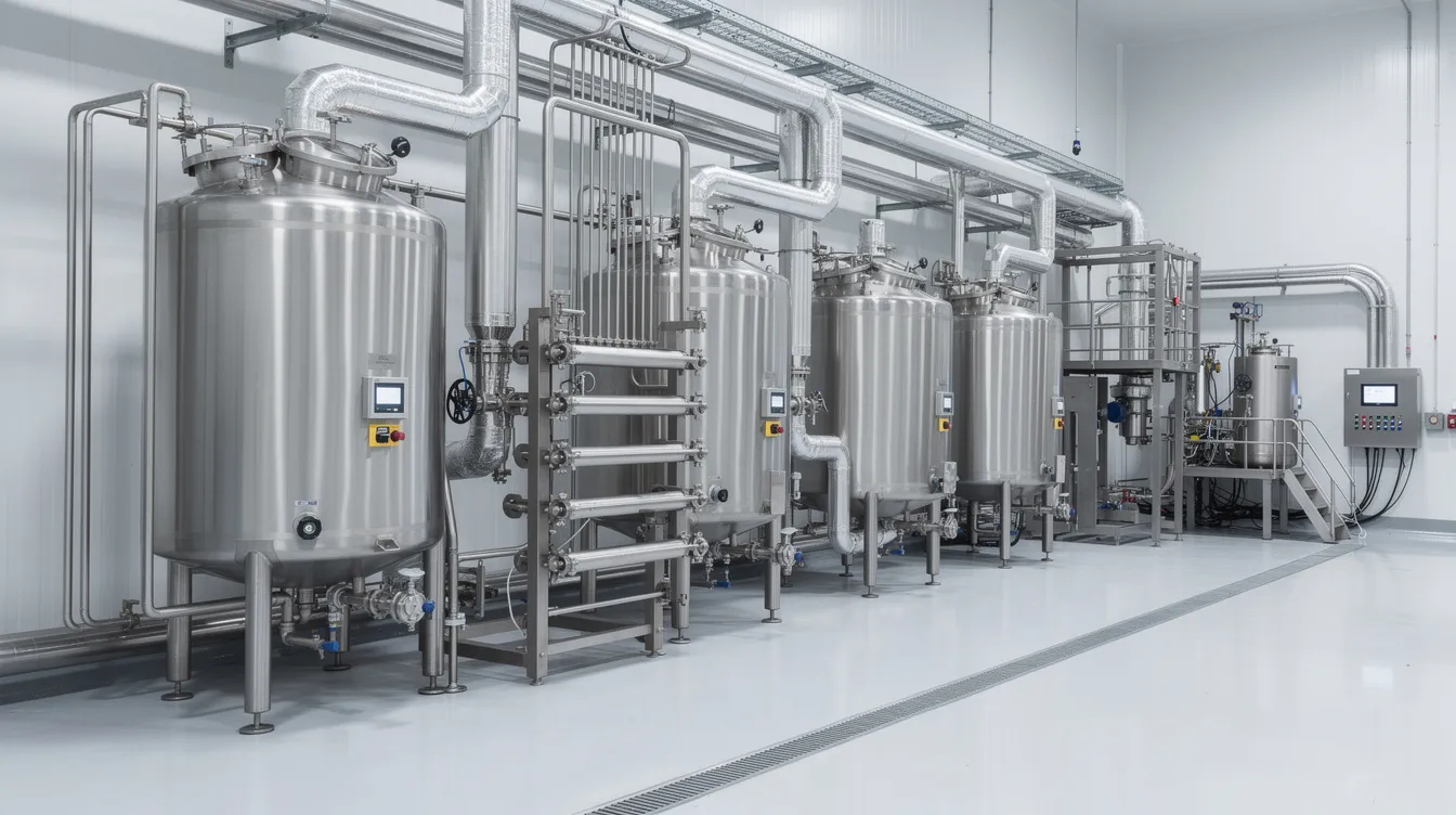 The image depicts large industrial UHT milk processing machinery, featuring stainless steel tanks and automated control systems, set within a factory environment. This advanced dairy processing equipment is essential for producing long-life milk products, highlighting the importance of efficient operations and investment in modern technology for the milk processing industry.
