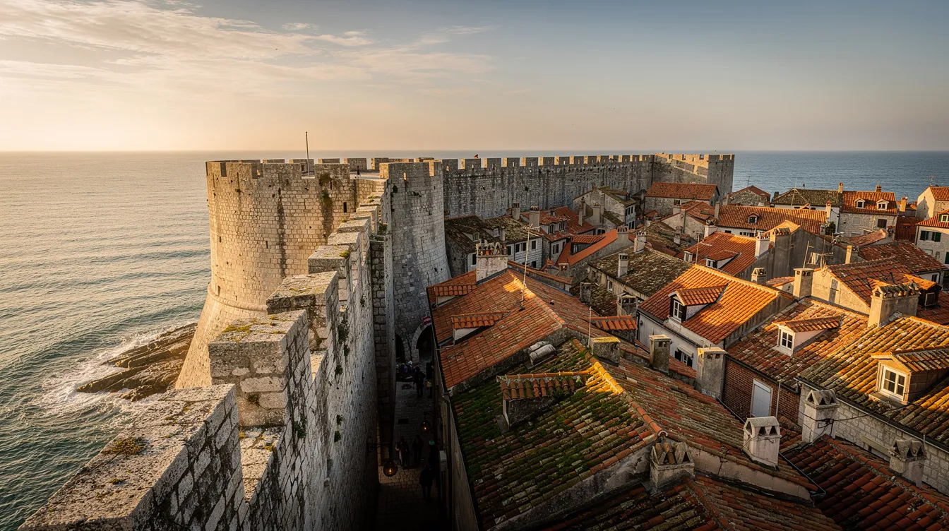 A imagem mostra as antigas muralhas de uma cidade costeira medieval, com telhados de terracota e o mar ao fundo, evocando a rica cultura e história da região da Croácia. O cenário é complementado por um céu claro, que destaca a beleza arquitetônica e o ambiente costeiro.