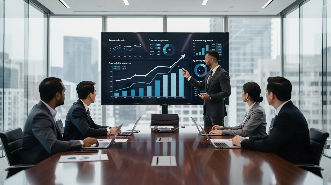 An executive team is gathered in a modern boardroom, intently reviewing business metrics displayed on a large screen. The atmosphere reflects a focus on cybersecurity strategies and the importance of protecting sensitive data, as they discuss measures to safeguard the company’s network against potential cyber threats.