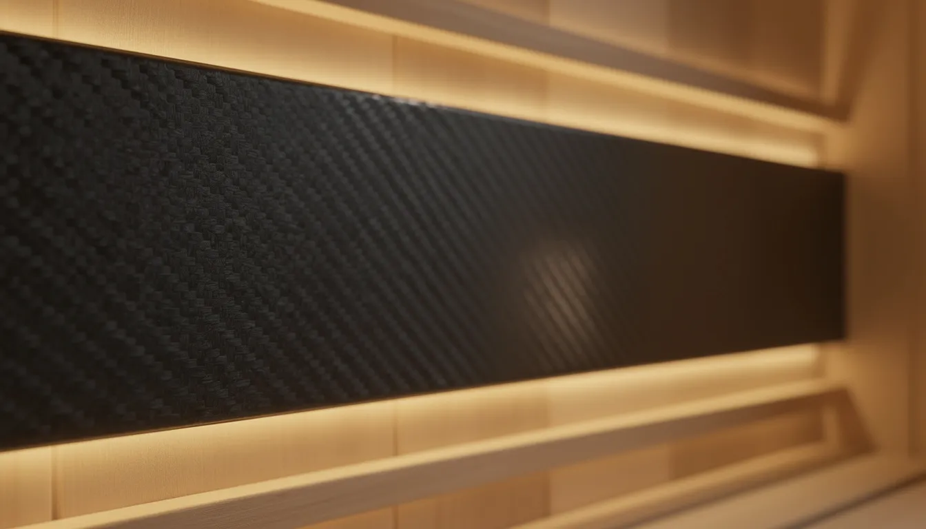 A close-up view showcases sleek carbon fiber panels mounted on a sauna interior wall, emphasizing the modern design and durable heating elements. These carbon fiber panels are part of an energy-efficient infrared sauna system, designed to emit infrared radiation for effective heat distribution and enhanced relaxation.