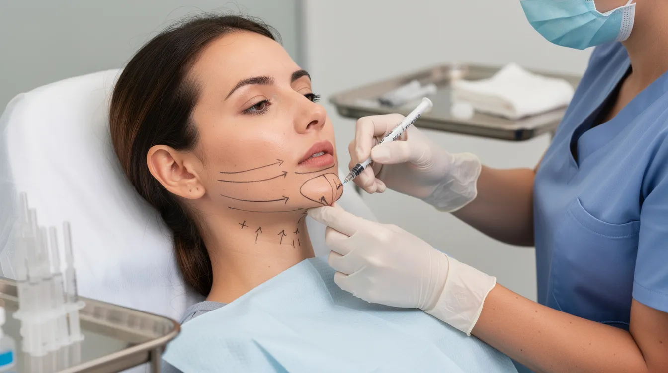 A medical professional is seen carefully marking treatment zones on a patient's chin area in preparation for a non-surgical body contouring procedure aimed at reducing stubborn fat cells. This cosmetic procedure is designed to target fat cells and achieve a toned appearance without the need for surgery.