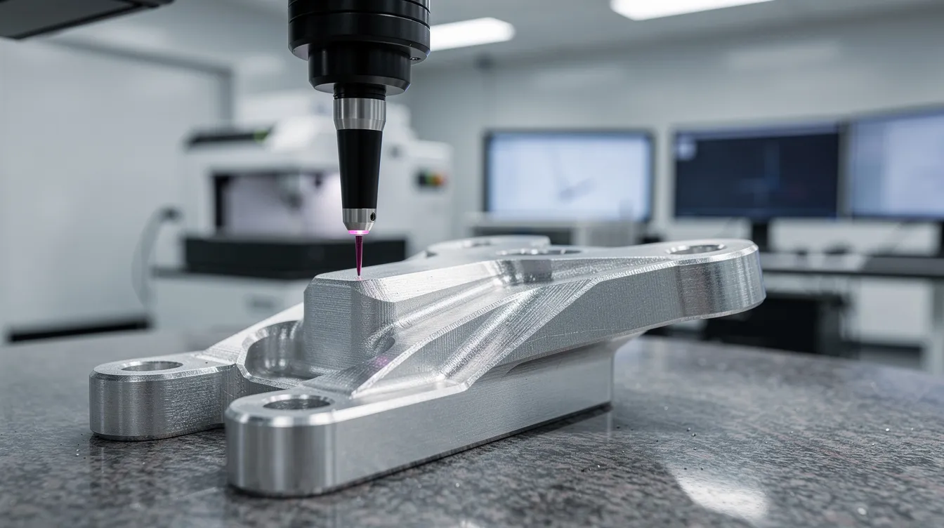 A coordinate measuring machine probe is delicately touching a precision aluminum aerospace bracket inside a climate-controlled inspection room, highlighting the importance of quality control and tight tolerances in aerospace manufacturing. This scene reflects advanced CNC machining capabilities essential for producing high precision components.