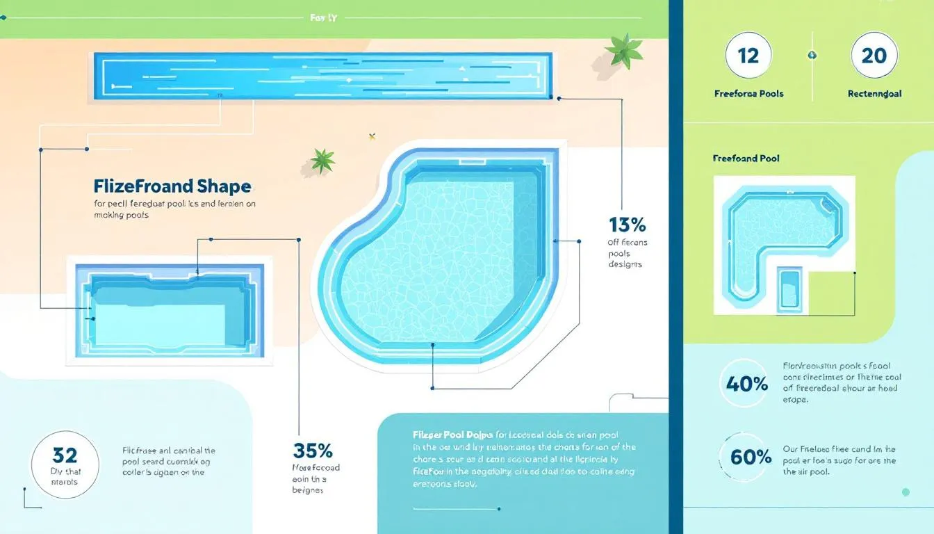 Various designs of fiberglass pools, including freeform and rectangular shapes.