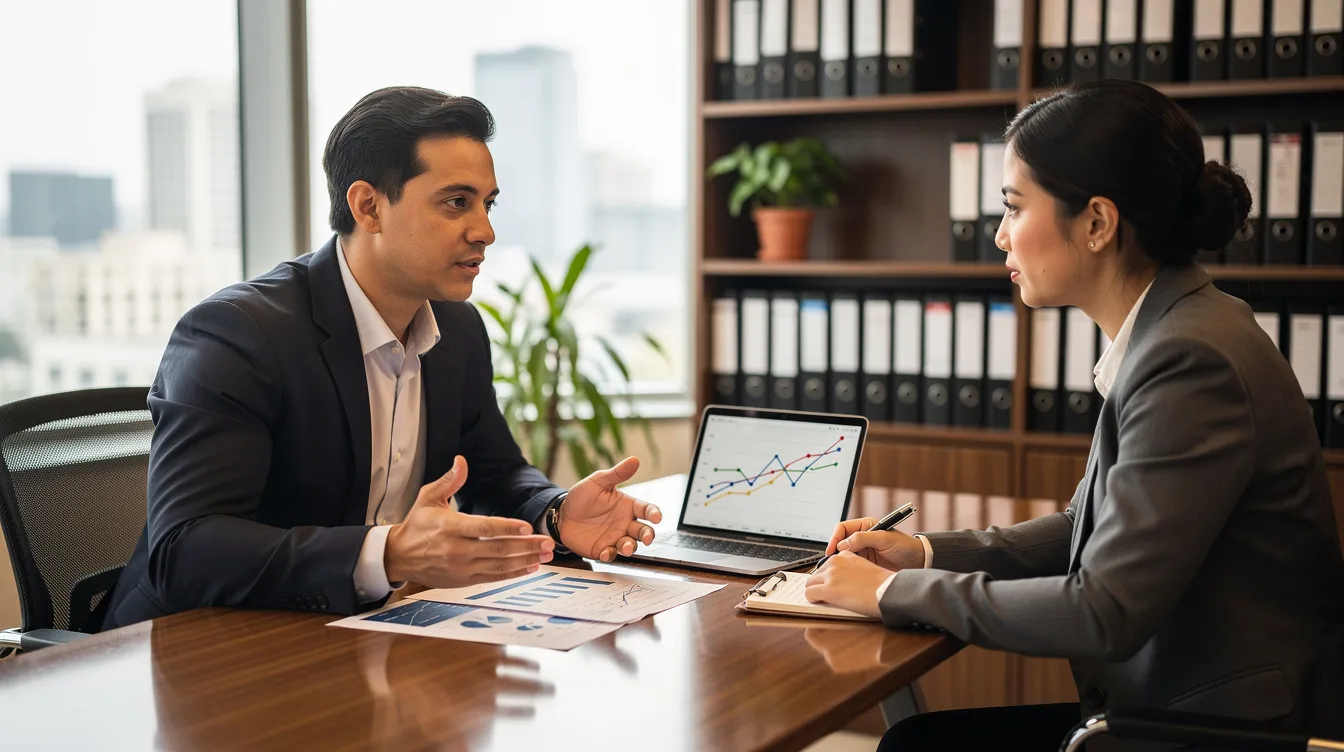 A financial advisor is discussing retirement savings strategies with a business owner in an office setting, focusing on topics such as 401(k) plans, tax implications, and investment strategies. The advisor appears to be offering tailored tax advice to help the owner maximize contributions and manage taxable income effectively.