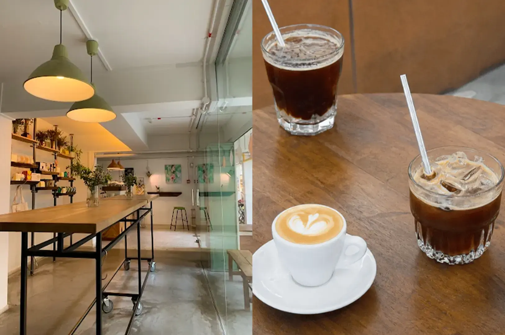 Nylon Coffee Roasters cafe interior with the brown and white tables and walls illuminated by warm hanging lights and three servings of their signature coffees.