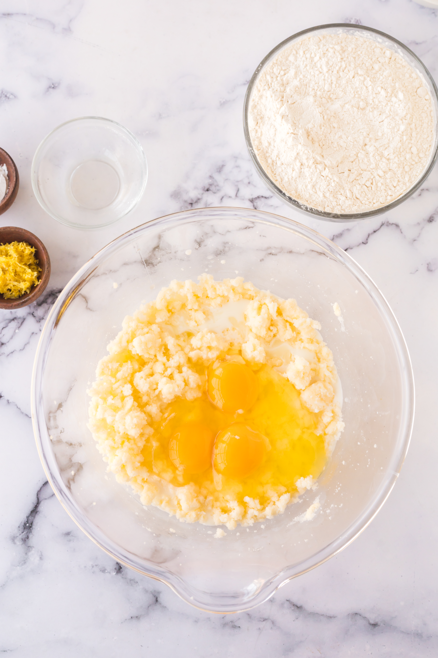 creamed butter and sugar, with eggs, lemon juice, and milk added