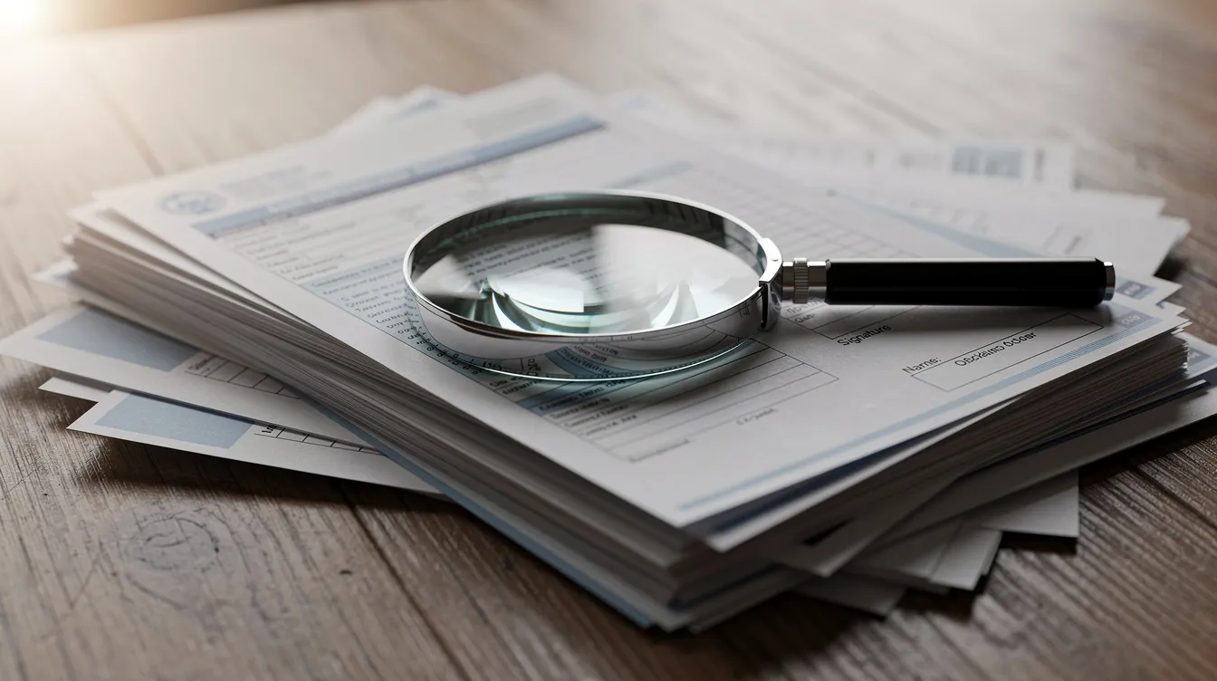 07b3a402 949c 418a 8140 a0a397c36330 The image features a stack of official forms and documents related to financial assistance, positioned on a table with a magnifying glass resting on top, emphasizing the importance of careful examination in the loan application process for micro enterprises seeking funding through programs like the Pradhan Mantri Mudra Yojana.
