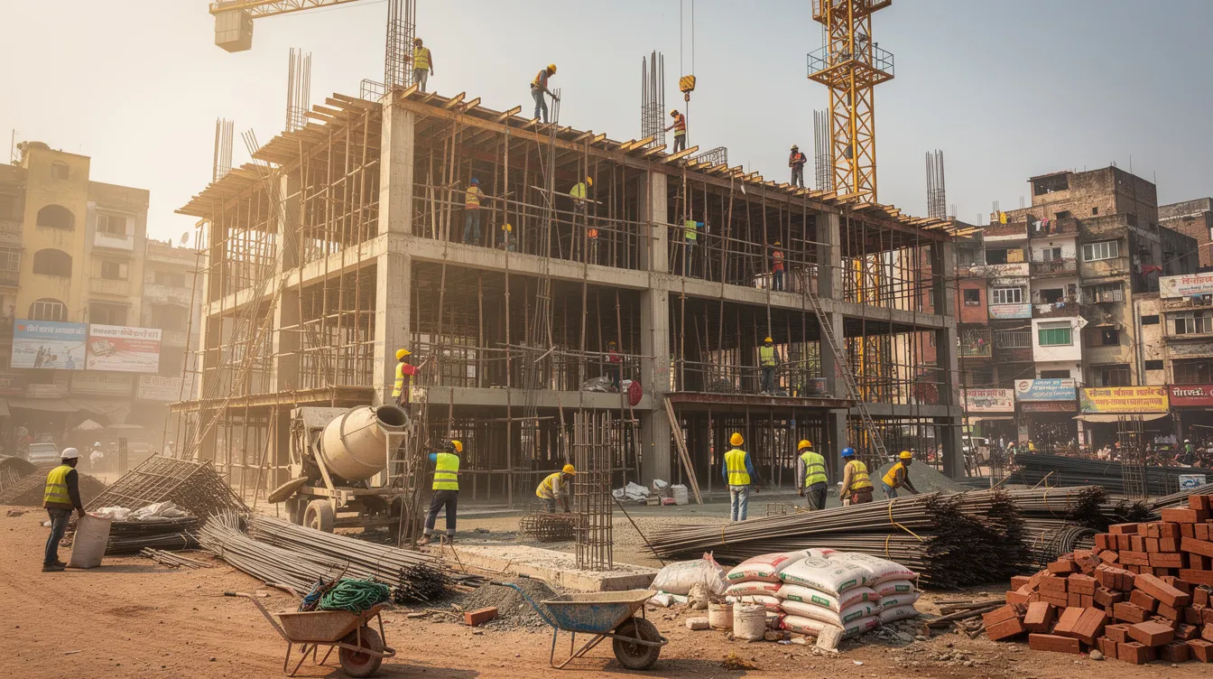 The image shows a bustling hotel construction site in India, featuring a concrete framework, scaffolding, and several construction workers actively engaged in the building process. This scene highlights the ongoing efforts in the hospitality industry to develop new hotel properties, reflecting the significant project costs and considerations involved in hotel construction.