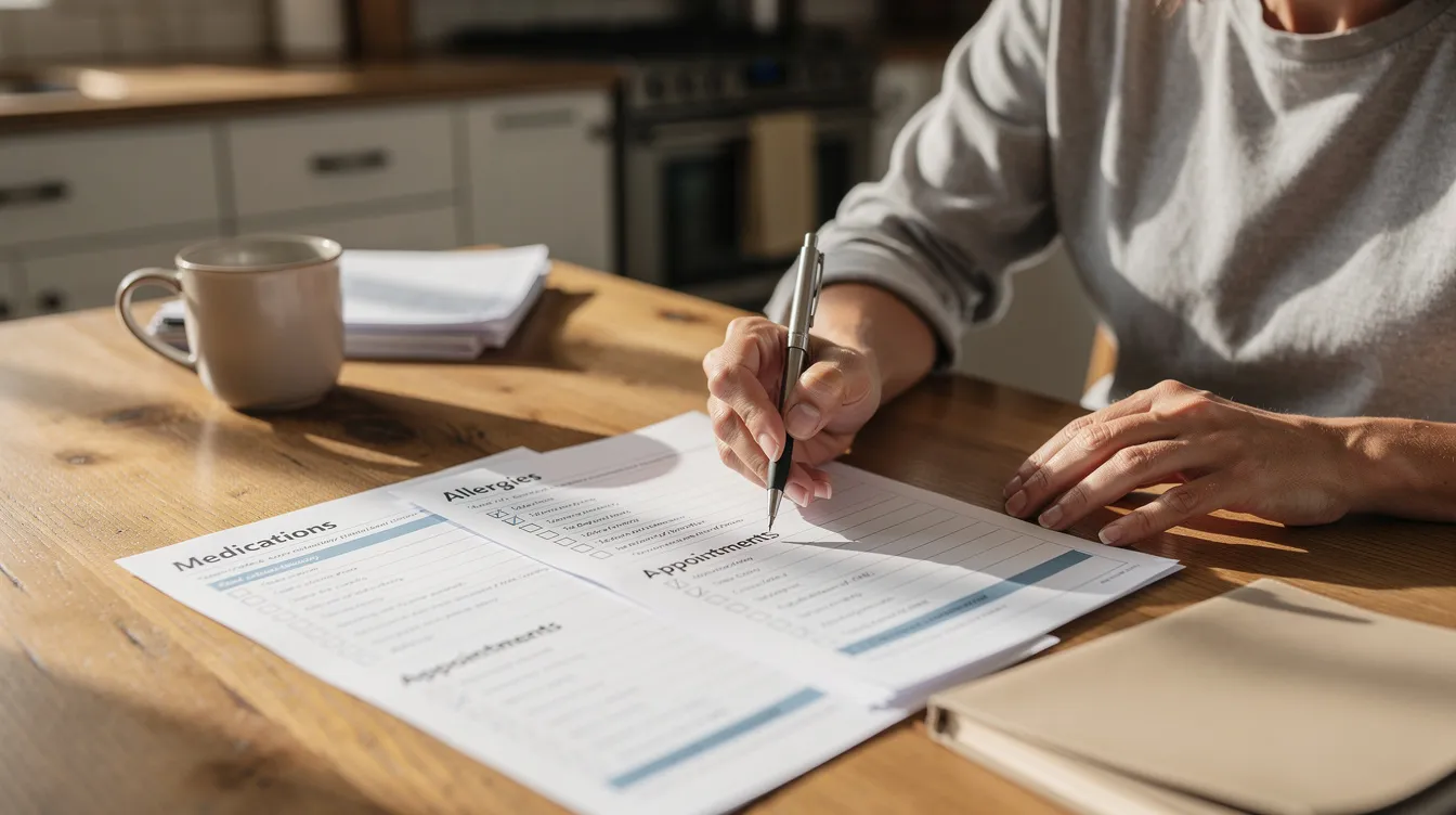 A person is sitting at a kitchen table, reviewing a printed medical checklist related to eyelid surgery, with a pen in hand. The document likely includes information about the recovery process, including details about bruising and swelling, as well as post-operative care instructions for a smooth recovery after lower blepharoplasty.