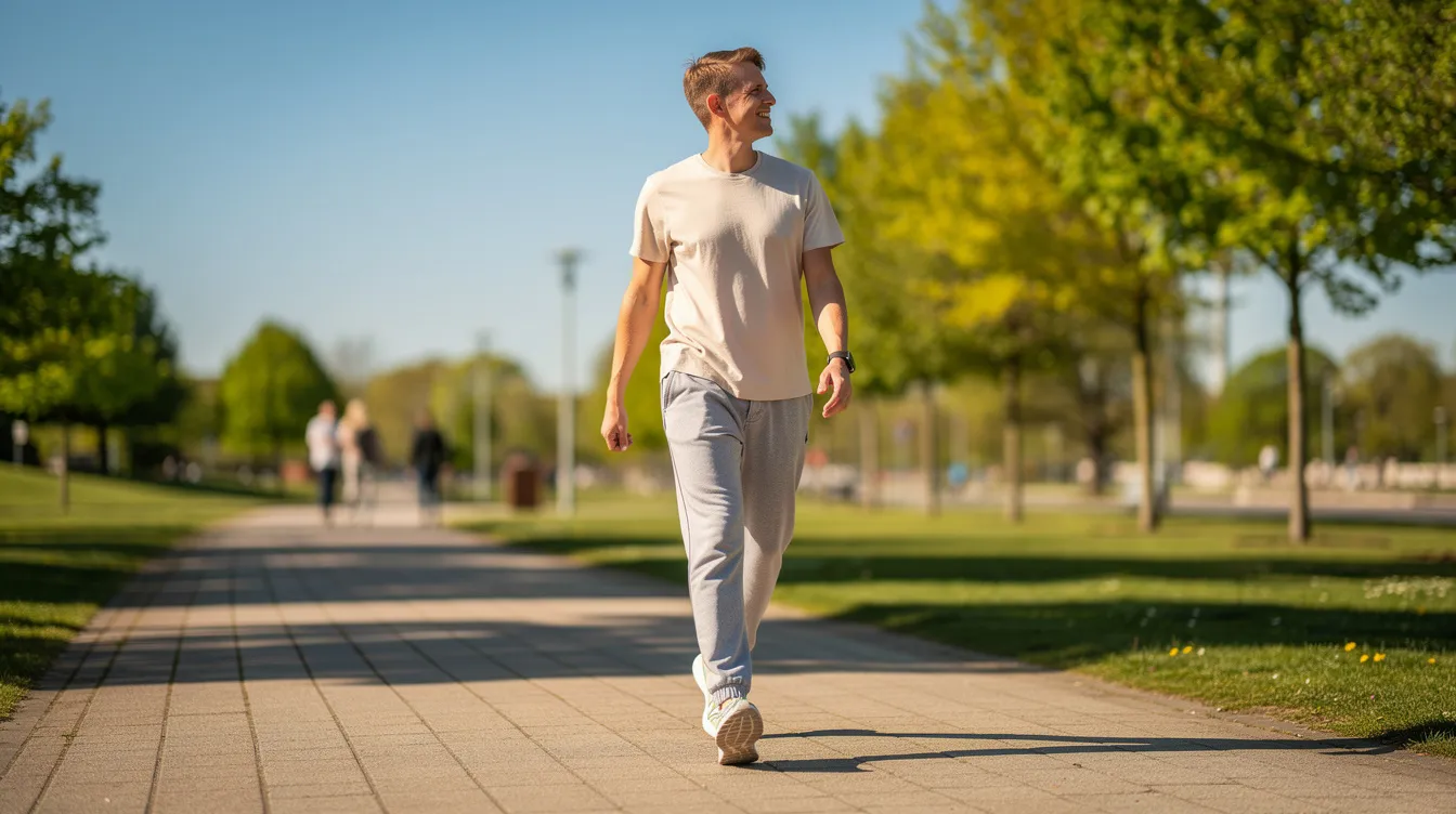 A person is walking outdoors in casual clothing, appearing relaxed and active under the bright sun. The scene conveys a sense of well-being and a healthy lifestyle, which can be enhanced by body contouring procedures like CoolSculpting or liposuction for those looking to remove unwanted fat.