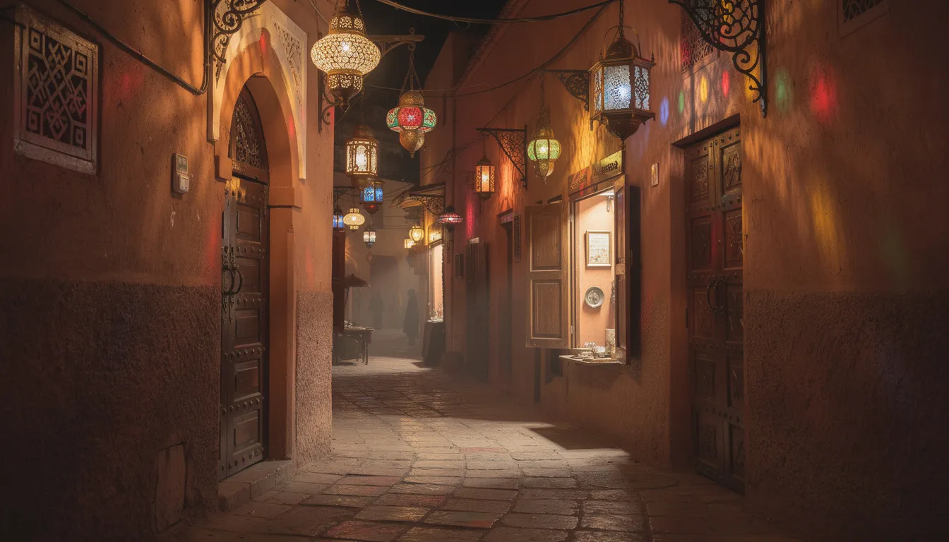 The image depicts a traditional Moroccan medina alleyway illuminated by colorful hanging lanterns at night, creating a warm and inviting atmosphere. This scene captures the essence of Moroccan culture, especially during the holy month of Ramadan, as families gather to enjoy evening meals and street food from local stalls.