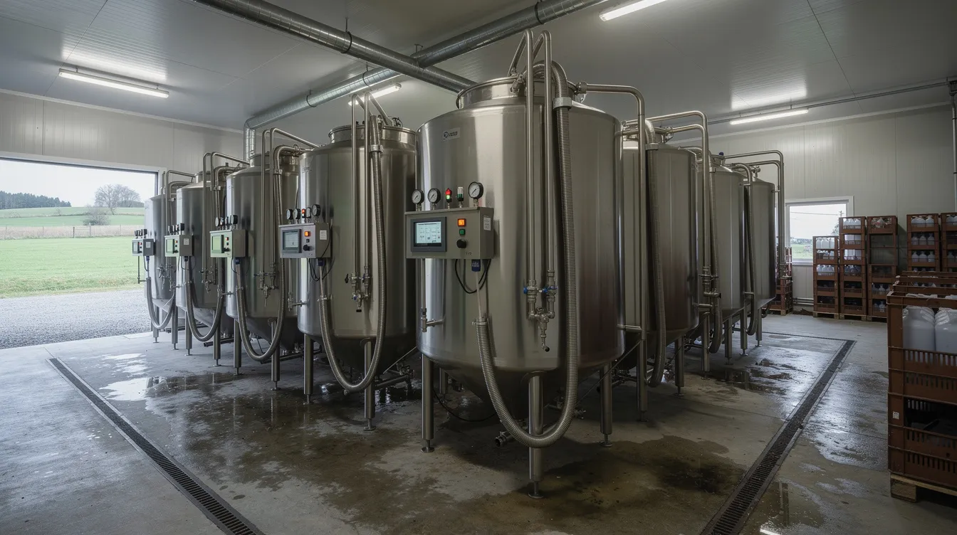 The image depicts rows of stainless steel bulk milk cooling tanks at a rural dairy collection center, essential for the milk reception process. These tanks play a crucial role in maintaining the quality and safety of liquid milk before it undergoes further processing into dairy products such as whole milk powder and skim milk powder.
