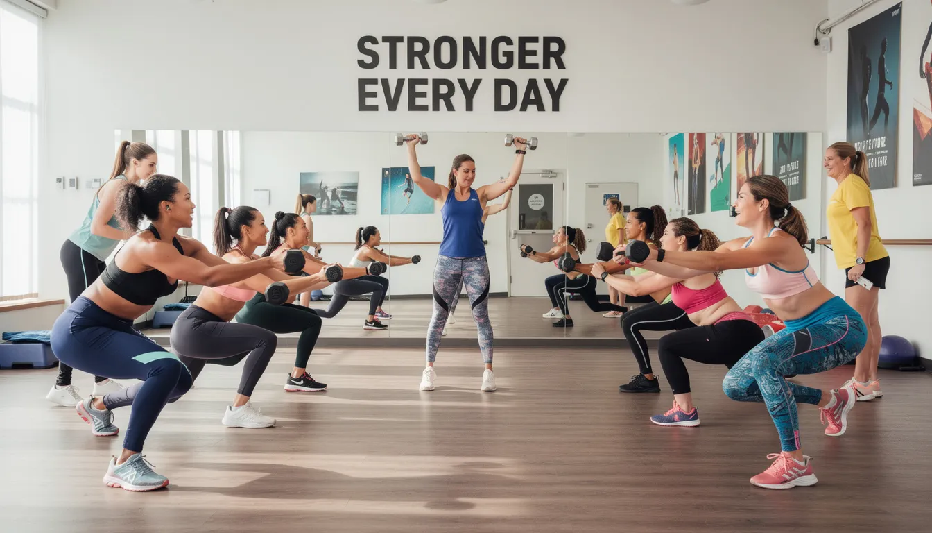A group of women is participating in a fitness class, engaging in various exercises that promote cardiovascular health. This activity supports heart health and helps reduce the risk factors associated with heart disease in women, such as high blood pressure and high cholesterol.