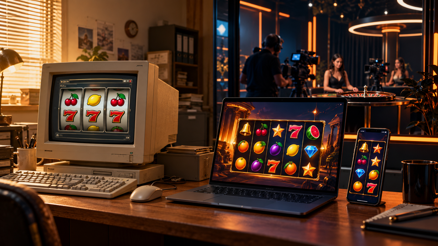 Oude computerslot naast moderne gokkasten op laptop en telefoon, met een livestudio op de achtergrond.