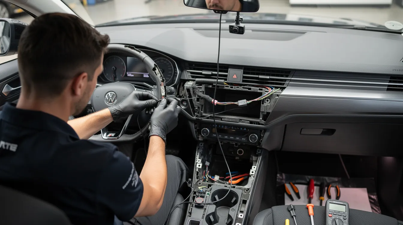 Professional Dashcam Installer : A professional technician is seen installing dashcam wiring behind the dashboard of a vehicle, ensuring a clean and secure setup for optimal performance. 