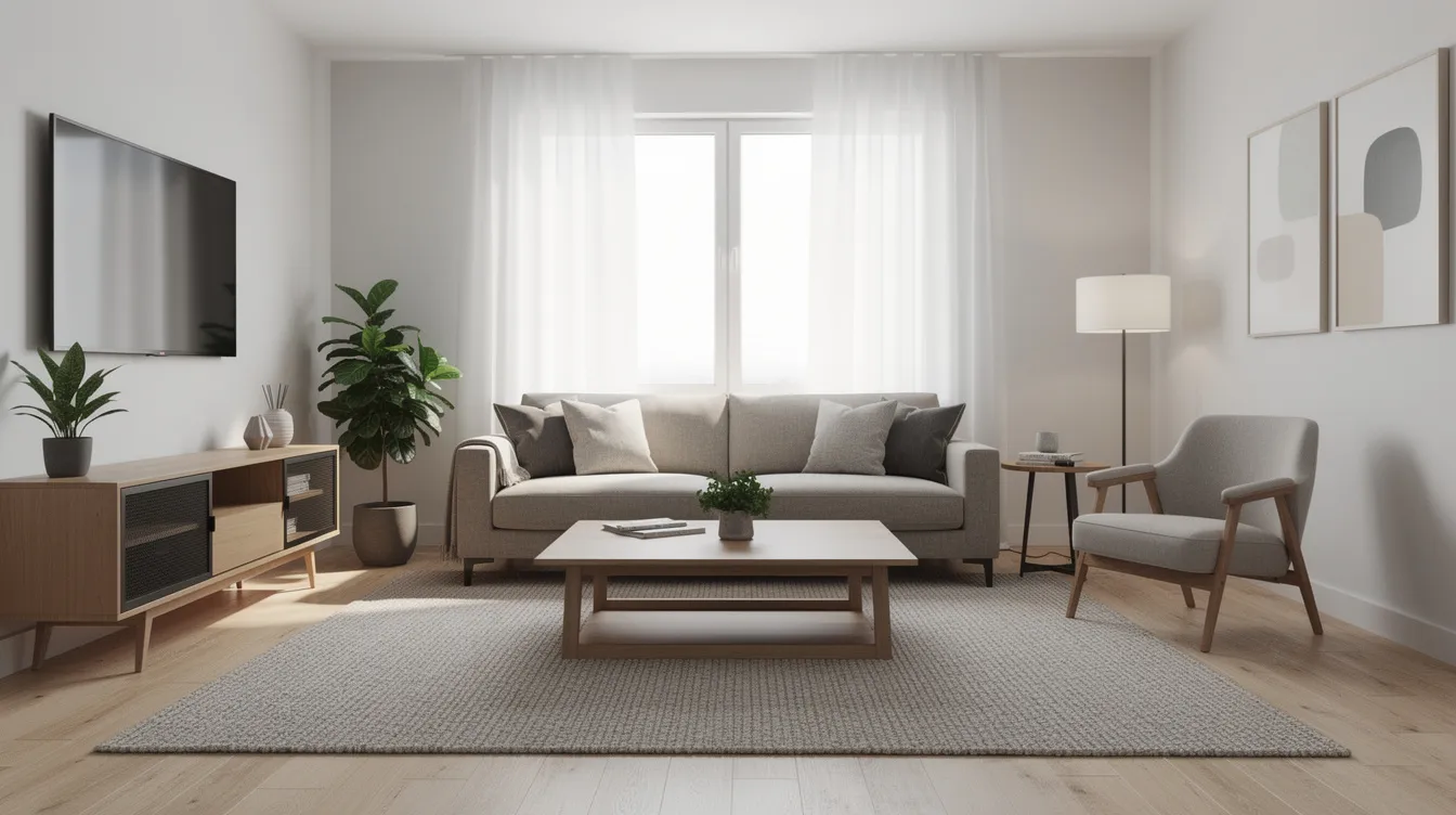 The image depicts a stylishly furnished living room in a rental property, featuring modern decor such as a sleek sofa, decorative pillows, and contemporary artwork on the walls. This inviting space highlights the potential of investment properties, appealing to real estate investors looking for attractive rental options.