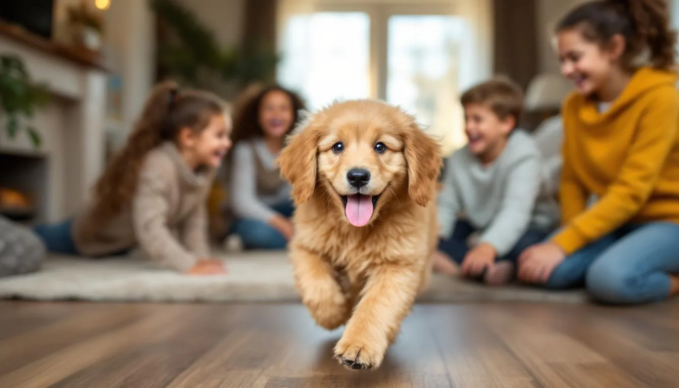 In a vibrant family setting, an F1BB Goldendoodle puppy joyfully plays with children, showcasing its playful and gentle nature. The adorable pup, with its non-shedding wavy coat, is an ideal choice for families looking for a loving and energetic companion.