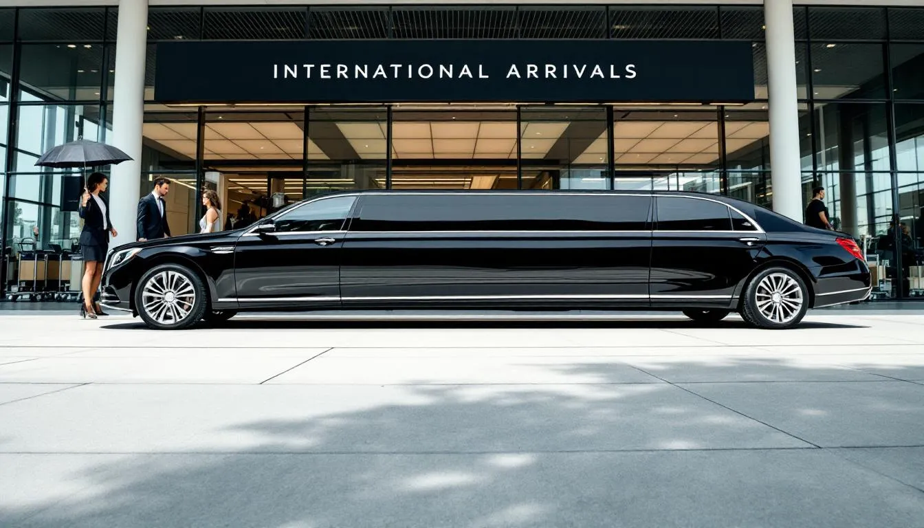 A luxury stretch limousine is parked outside the arrivals hall of Kraków Airport, with passengers boarding and preparing for their journey to the city centre. The terminal building is bustling with activity, as travelers make use of various transportation options for their airport transfer.