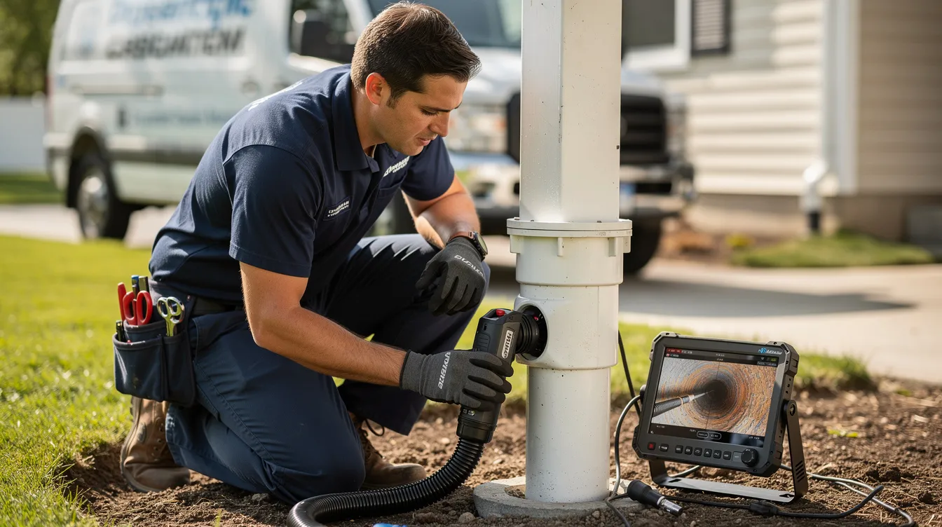 A licensed plumber is using a sewer camera to inspect the main sewer line near an exterior cleanout, ensuring easy access for identifying potential blockages or issues within the home's plumbing system. The scene highlights the professional's expertise in maintaining and repairing the sewer system.