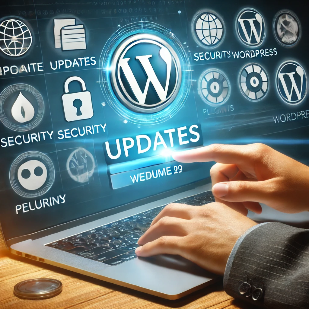 Sitio WordPress con actualizaciones en progreso, íconos de seguridad y plugins. | Posiciona.Digital