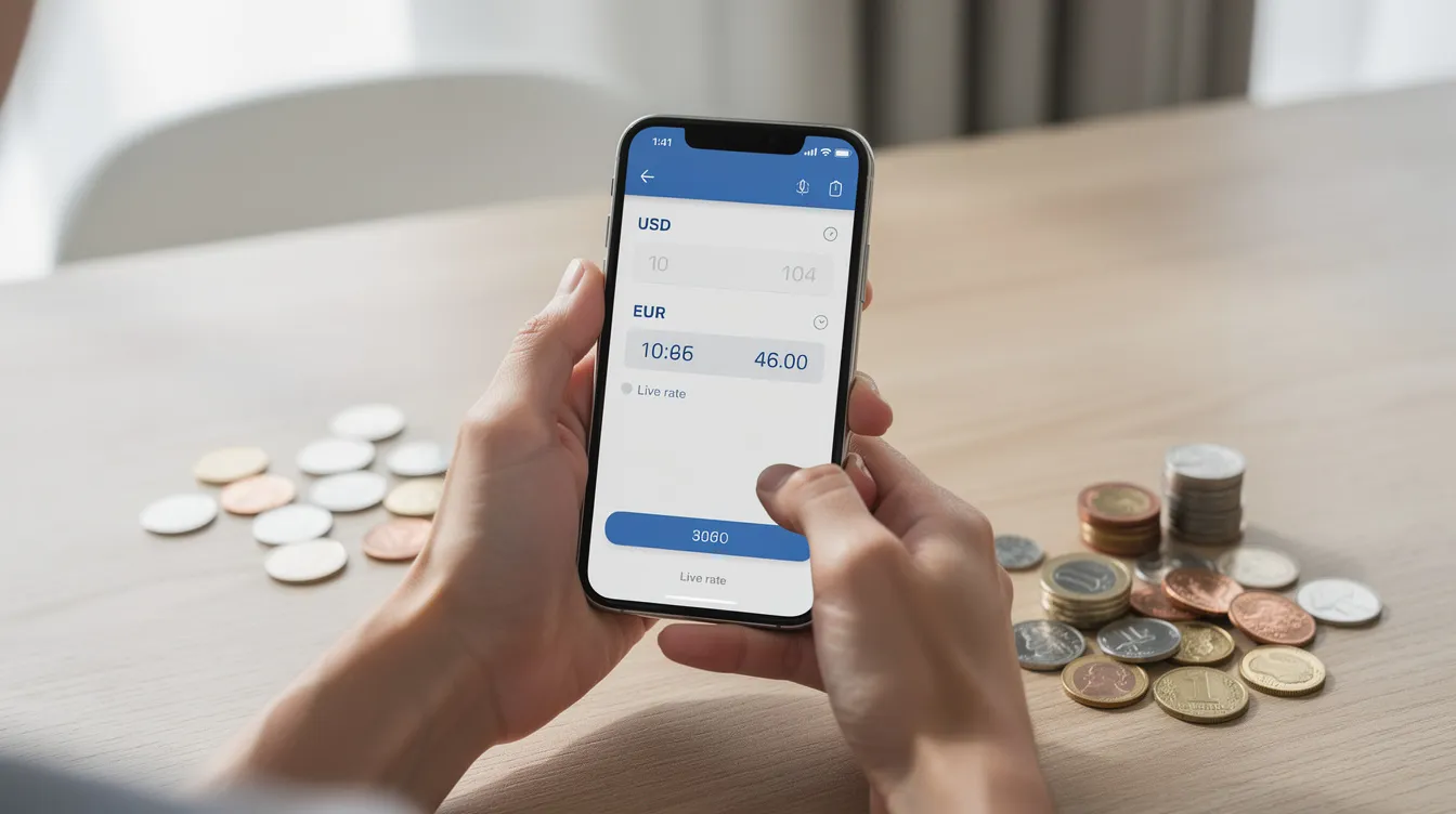 An individual is holding a smartphone displaying a currency conversion screen, surrounded by coins from various countries on a table, highlighting the importance of exchange rates for international money transfers. This image emphasizes the tools available for managing transfer fees and understanding the true cost of sending money across borders.
