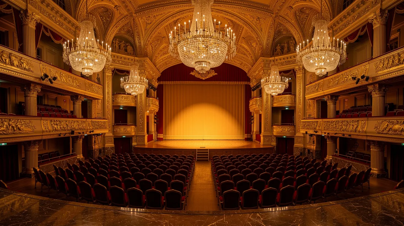 A imagem retrata o interior de um luxuoso salão de concertos, adornado com arquitetura clássica e lustres dourados que refletem a opulência do local. Este espaço, ideal para apresentações de música clássica, evoca a grandiosidade de palácios históricos, como o Palácio de Schönbrunn, e é um ponto turístico icônico da cidade de Viena, na Áustria.