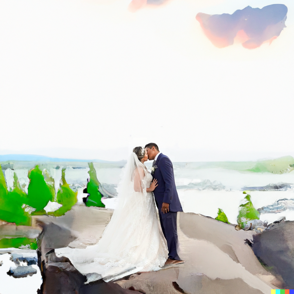 The couple kissing has not been altered, but they are no longer on a beach. Instead they are on a cliff with a forest landscape in an abstract painting. 