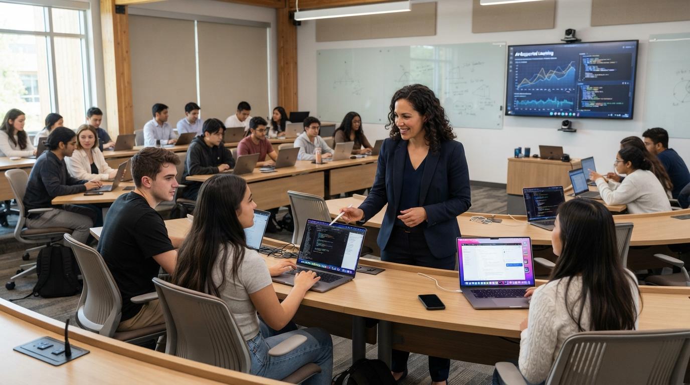 Photorealistic higher education classroom with instructor interacting with students using laptops during a lesson, seamless AI-supported learning environment, realistic corporate education photography.