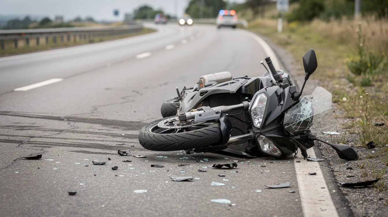 The image depicts a damaged motorcycle lying on its side near a roadway, indicating a recent motorcycle accident. Scattered debris and skid marks suggest the severity of the crash, which could involve serious injuries for the motorcycle accident victims involved.