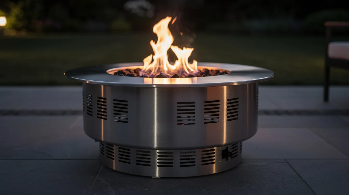 A stainless steel fire pit with visible airflow vents features a small fire burning inside, providing warmth and light for outdoor gatherings. This compact design is perfect for patios and camping adventures, enhancing the ambiance while being easy to ignite and enjoy.
