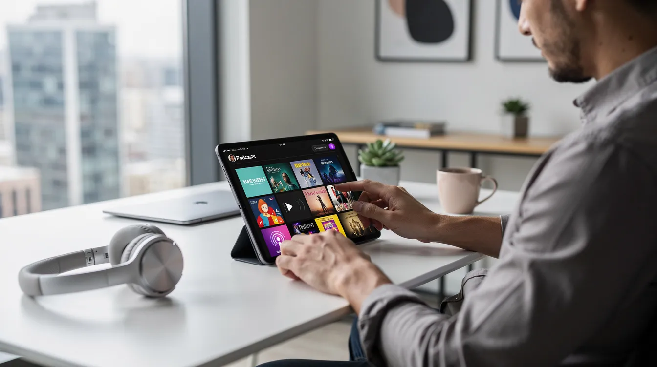 A person is sitting in a modern office, browsing through various podcast apps on a tablet, exploring options for podcast episodes and looking for new listeners. The scene highlights the importance of podcast marketing strategies and how individuals discover podcasts through different platforms.