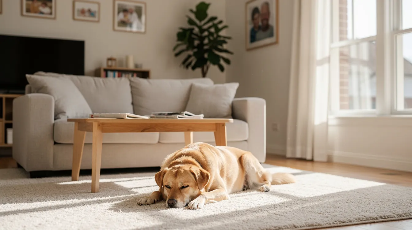 A light-colored living room carpet with a dog resting near a couch.