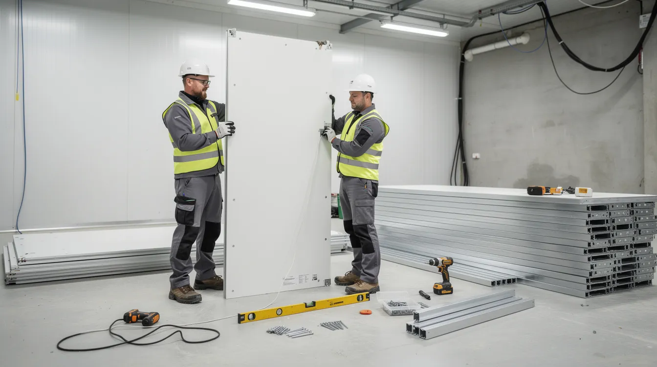 Deux techniciens travaillent ensemble pour assembler les panneaux d'une chambre froide modulaire dans un local professionnel, veillant à respecter les normes d'hygiène et de sécurité nécessaires pour la conservation des aliments. L'installation se déroule soigneusement, afin d'assurer un fonctionnement optimal du système de refroidissement.