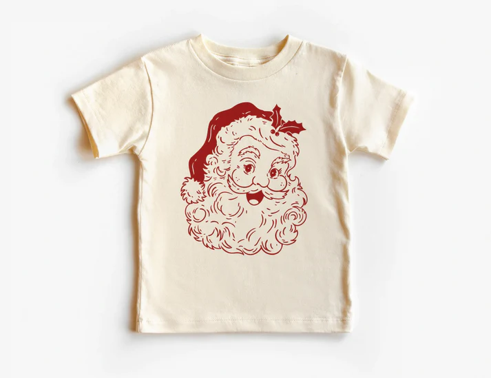 Vintage Santa head graphic in red on a cream-colored kids/baby tee