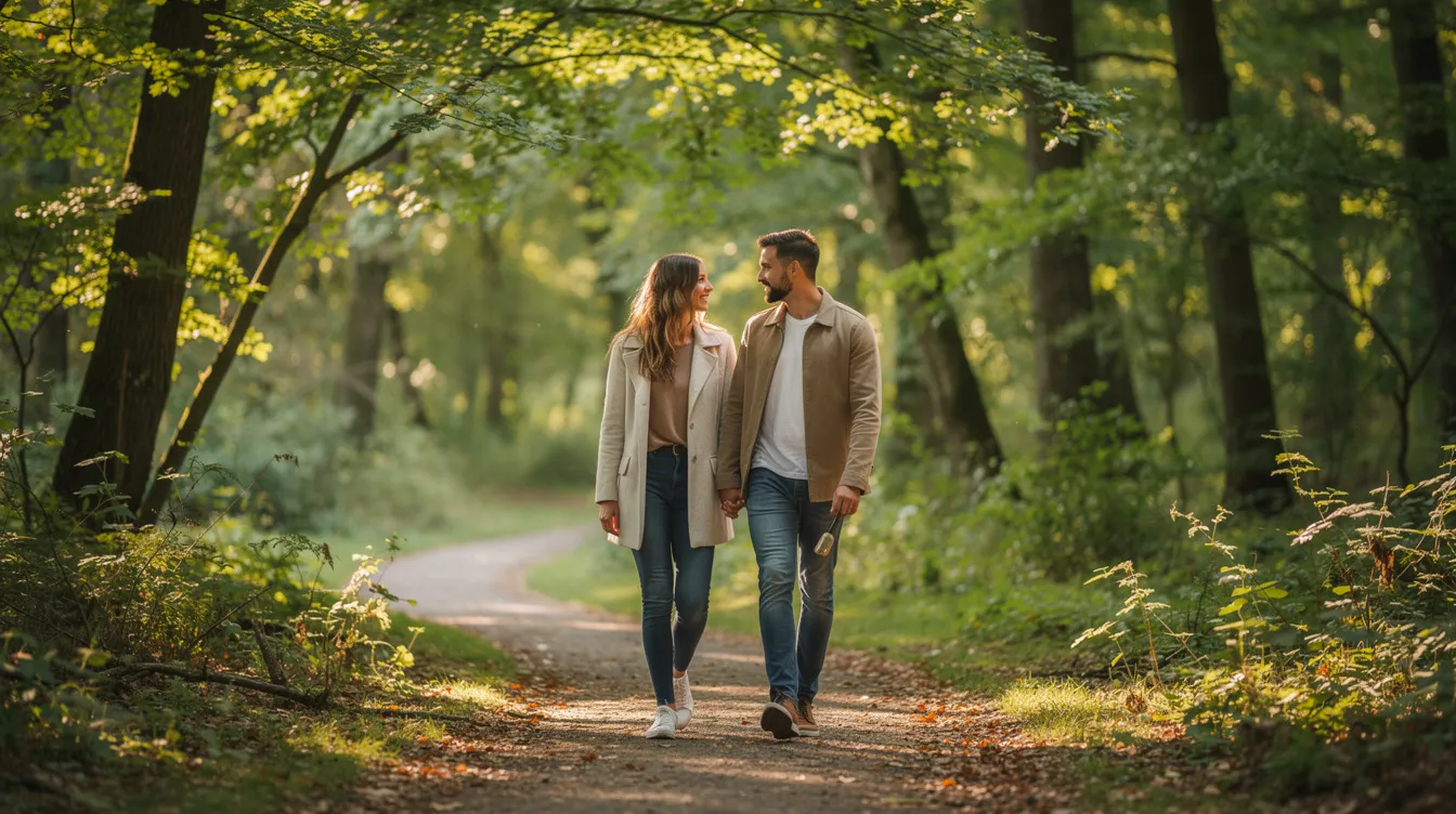 A couple walks hand-in-hand along a serene path surrounded by trees, embodying love and companionship as they share moments of conversation and laughter. This image captures the essence of their relationship, highlighting the joy of spending quality time together in nature.