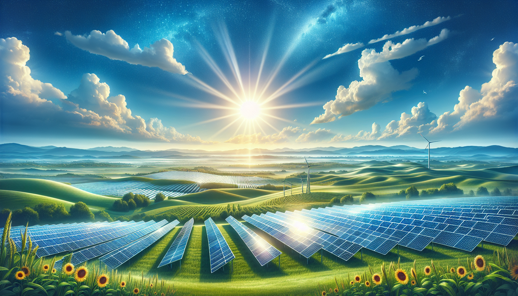 A conceptual illustration depicting solar power after the US election with solar panels and a bright sun.