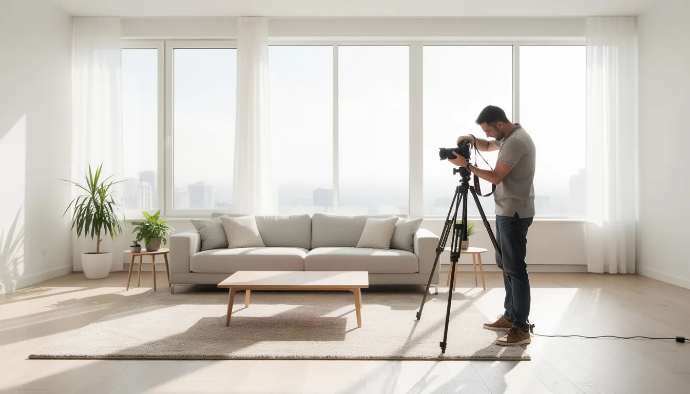 Na zdjęciu widoczny jest profesjonalny fotograf, który robi zdjęcia jasnego salonu z dużymi oknami, co podkreśla przestronność wnętrza. Takie wysokiej jakości zdjęcia są kluczowe w procesie sprzedaży nieruchomości, aby wyróżnić ofertę i przyciągnąć potencjalnych nabywców.