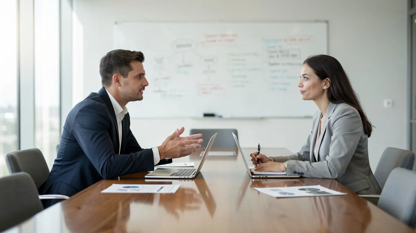 Deux professionnels discutent autour d'une table dans un bureau lumineux, avec un tableau blanc en arrière-plan, échangeant des informations sur la découverte client et les besoins des prospects. Ils semblent engagés dans une phase de découverte, posant des questions pour mieux comprendre les attentes et élaborer un plan de découverte efficace.