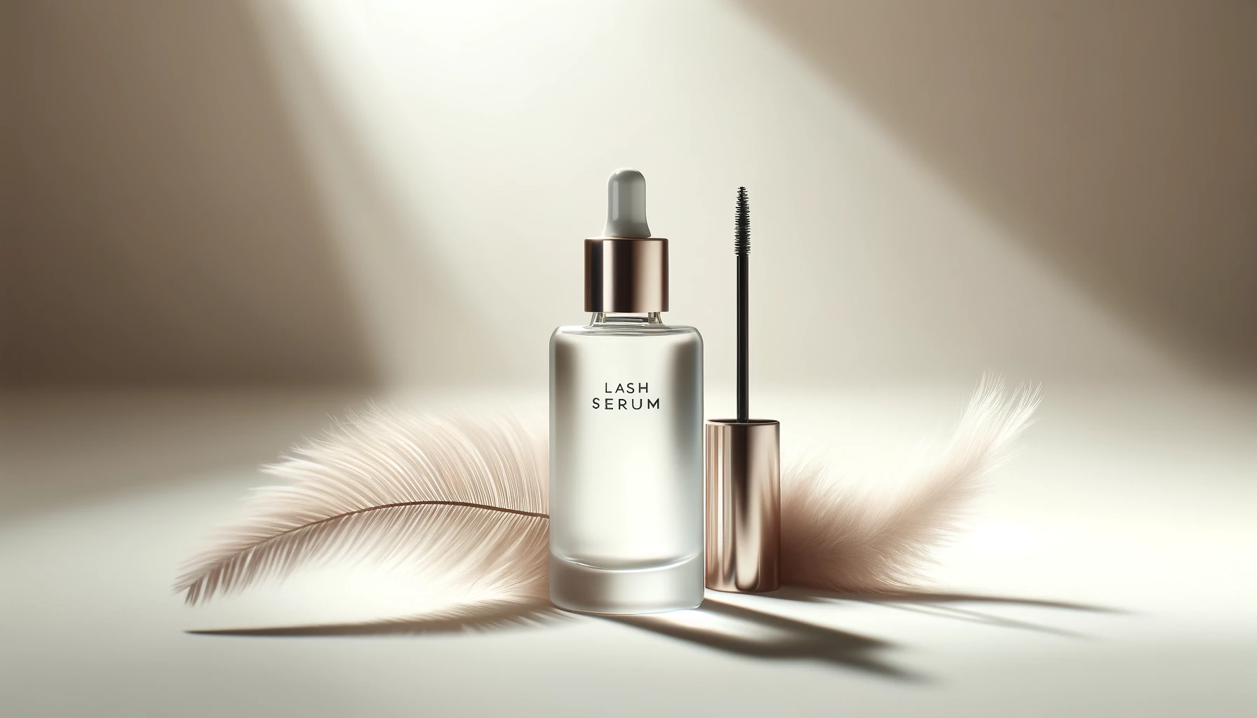 A horizontal image featuring an elegant, unbranded bottle of lash serum, positioned prominently in the center against a soft, neutral background. The scene is minimalistic and sophisticated, emphasizing the beauty and intrigue of the product.