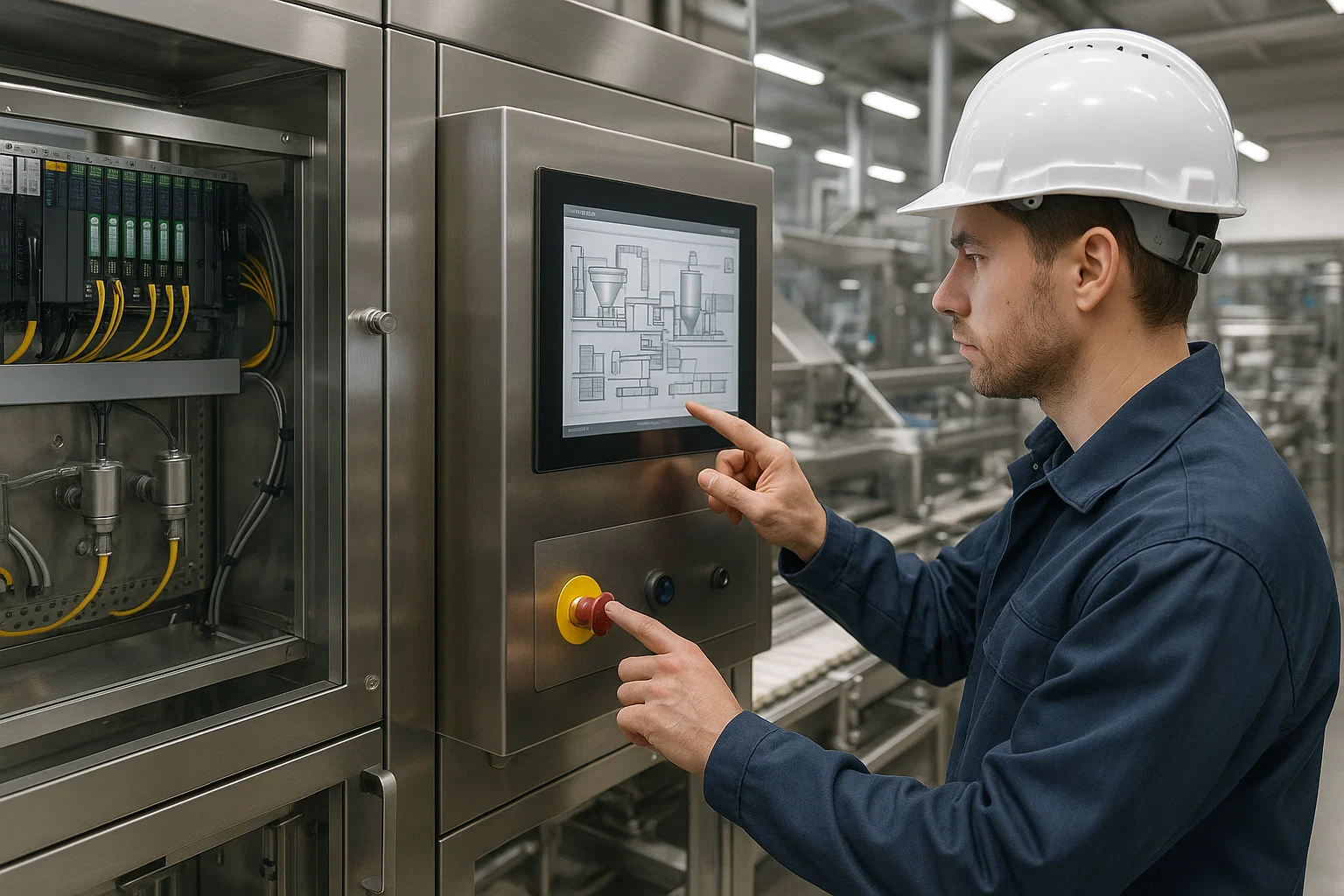 Engineer configuring automated control systems on a food processing machine.