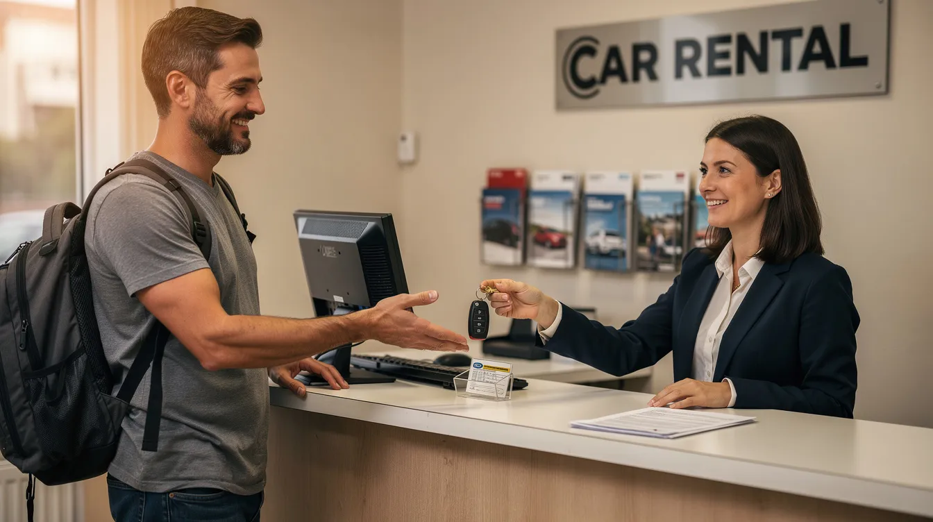 Un conducente consegna le chiavi di un'auto a un addetto al banco di un piccolo ufficio di noleggio.