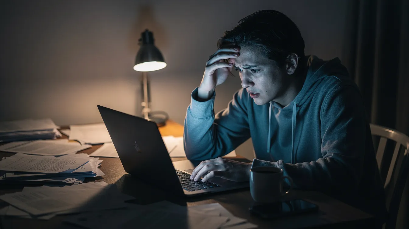 A person appears stressed while working at a laptop in a dimly lit room, surrounded by documents and notes, possibly related to managing their payment options such as a PayPal account or local bank account. The atmosphere suggests they are focused on completing important tasks, likely for their business or clients.
