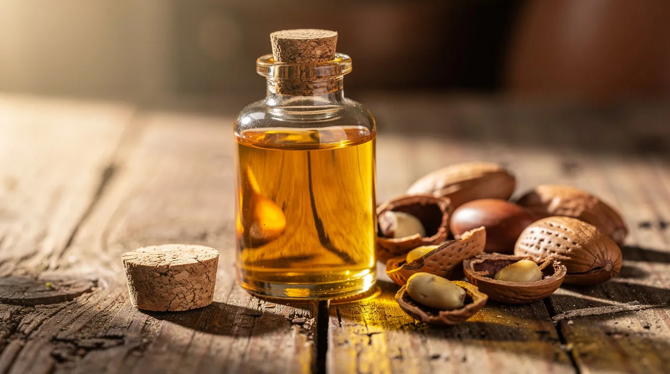 The image shows a small bottle of golden argan oil placed next to argan nuts on a rustic Moroccan table, highlighting the natural richness and moisturizing properties of argan oil, which is known for its potential benefits for both human and pet skin, including promoting a healthy coat for dogs.